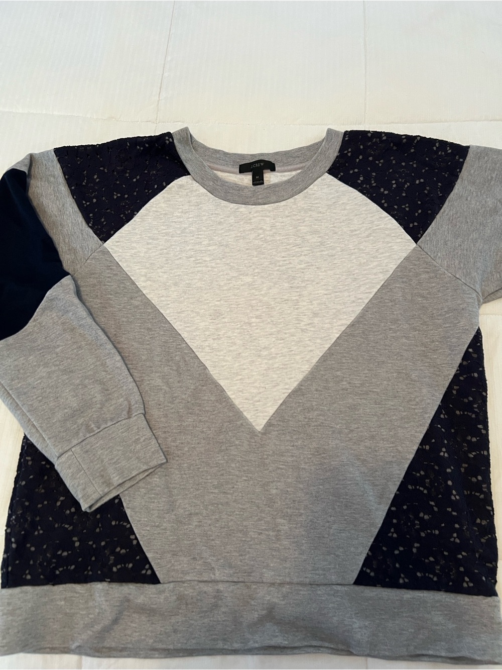 J. Crew Grey, Light Grey and Navy Lace Geometric Crewneck Sweatshirt